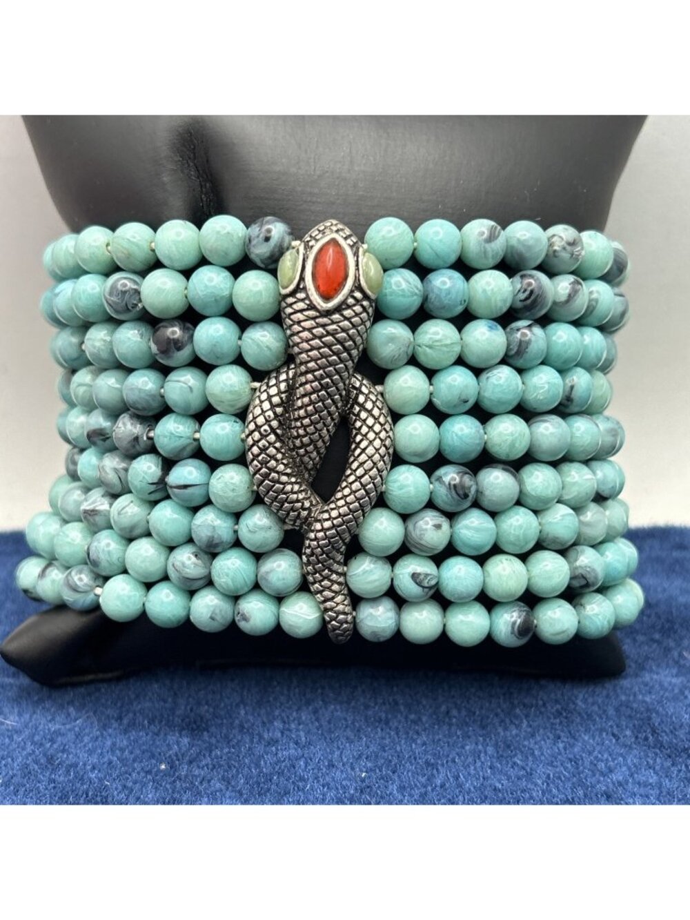 Southwestern Jeweled SNAKE Faux Torquoise Bead Silver Tone Bracelet 9 Strand